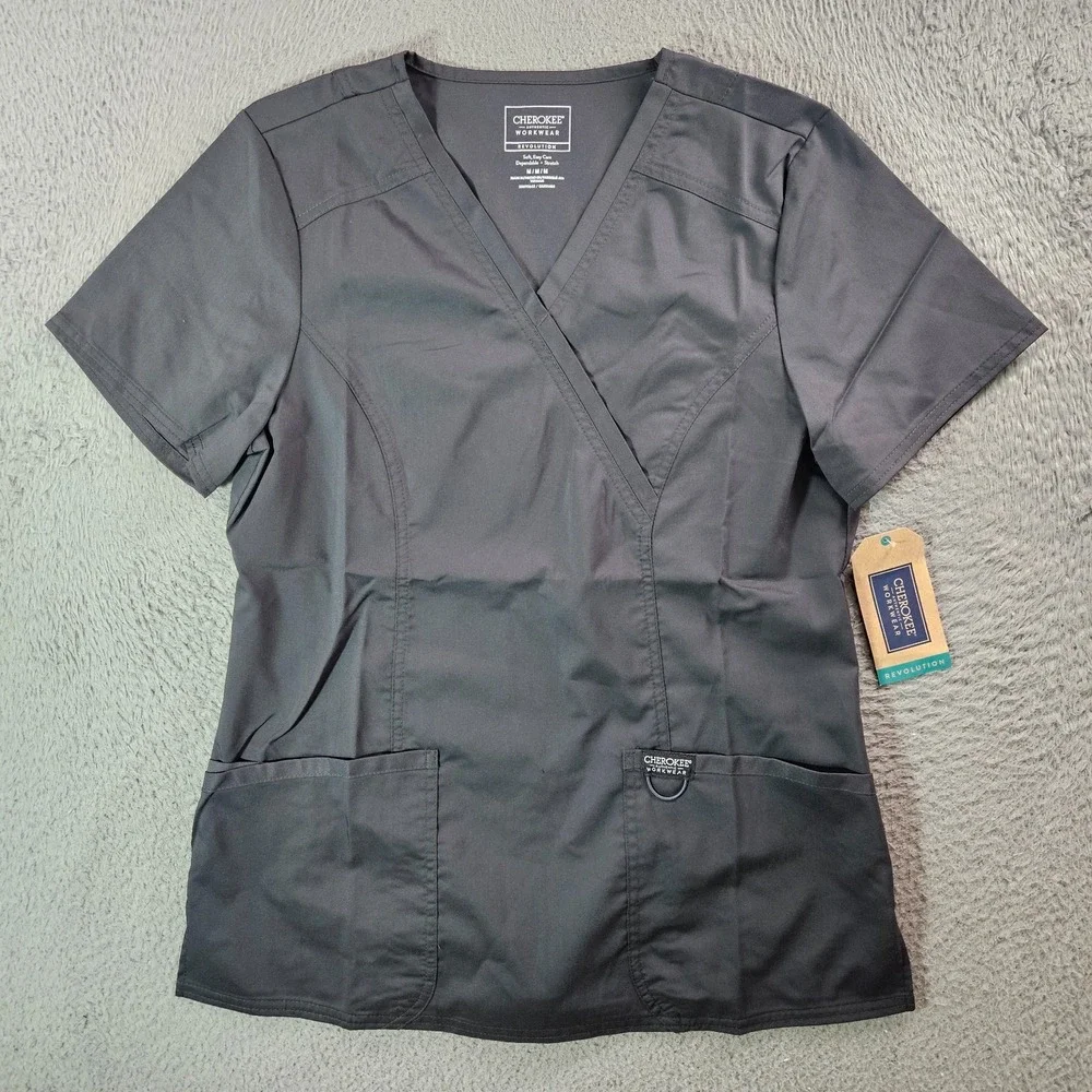NEW Cherokee Workwear Mock Wrap Scrub Top Women MEDIUM WW610 Revolution‎ Gray